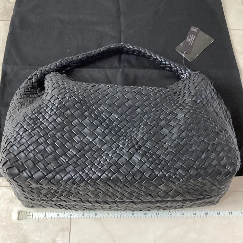 Falor Italy Handmade Black Woven Leather Large Shoulder Hobo Bag Magnetic Close